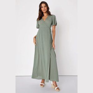 👗 LULU'S | Much Obliged Washed Olive Green Wrap Maxi Dress | Size S